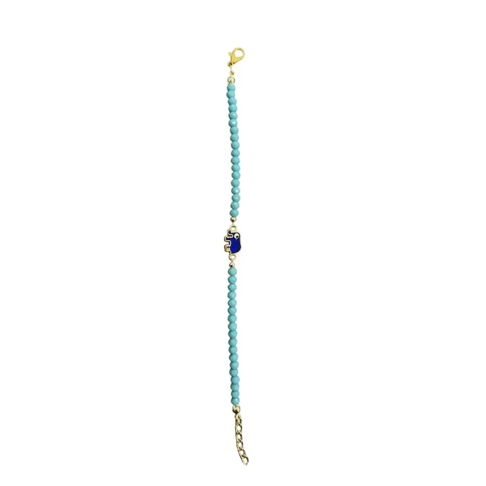 Turquoise Hamsa Hand Beaded Bracelet Gold Tone Adjustable - Picture 5 of 5